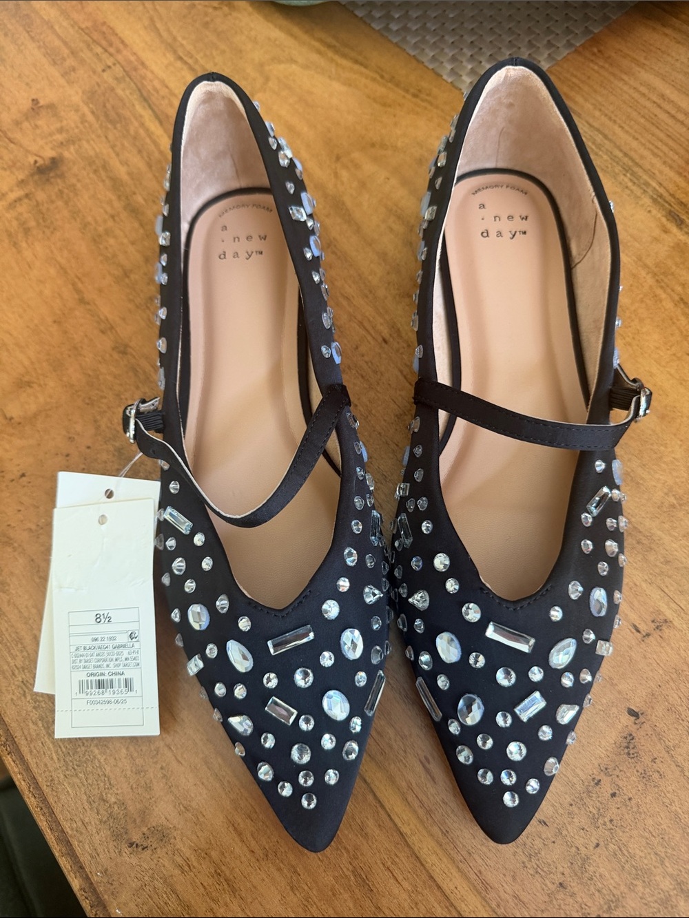 a new day Black Gabriella Jeweled Pointed Mary Jane Flats with Strap 8.5